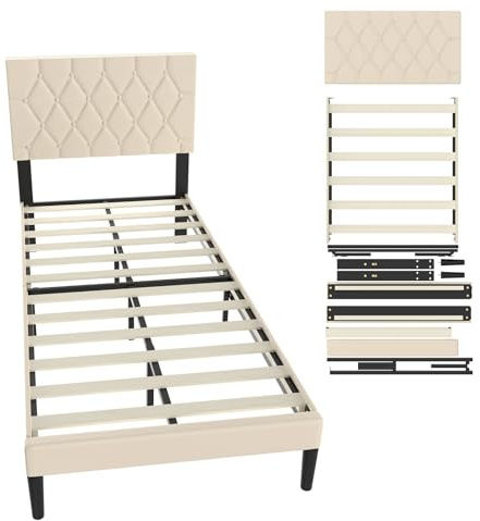 UISEBRT Polsterbett 90 x 200 cm – Bettrahmen mit Knöpfen, Plattformbettgestell mit gepolstertem Kopfteil aus Kunstleder, Holzlattenstütze, Doppelbett für Erwachsene, Modernes Design (Beige)