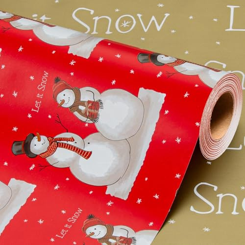 Wikadlik Weihnachts Geschenkpapier Rolle Rot und Gold mit Vintage Schneemann Let It Snow Schriftzug für Winter, Feiertage, DIY und festliche Anlässe – 43cm x 10m