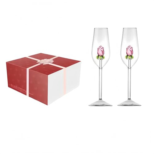 Lot de 2 verres à vin rose 3D – Verres à pied transparents de qualité supérieure pour vin rouge et champagne, verres à pied uniques avec motif floral 3D, cadeau de mariage pour homme et femme (2, 220