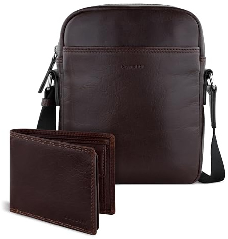 bugatti Savona Set Schultertasche & Geldbörse aus Büffelleder, Geldbeutel RFID-Schutz, Umhängetasche & Portemonnaie mit Stoffbeutel