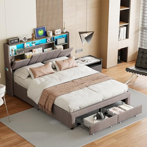 PerGar Bett 140x200 mit Stauraum, Polsterbett mit 2 Schubladen und LED Beleuchtung, Stauraumbett mit USB Ladestation, Doppelbett, Schubladenbett, Lattenrost, leinen, grau, ohne Matratze