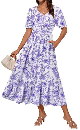 GRACE KARIN Vestito da donna elegante midi floreale a maniche corte con scollo a V vita elasticizzata estivo, fiori lilla, M