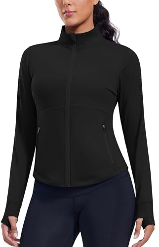 PINSPARK Womens Running Workout Jackes Full Zip Slim Fit | Athletic Tops with Pockets Comfy Breathable Yoga Sports Track Jackets Black Large