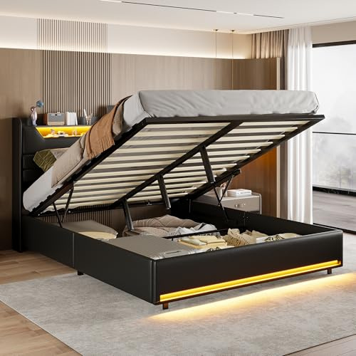 BHFFTHK Polsterbett Doppelbett 140x200 mit LED & USB, Hydraulisches Stauraumbett mit Kopfteil, Bettgestell 140x200 mit Stauraum Bettkasten & Lattenrost, PU-Leder, Schwarz, Ohne Matratze