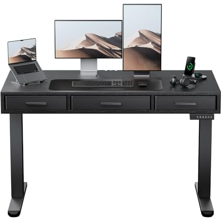 HUANUO Electric Standing Desk with Drawers, C-Clamp Mount Compatible, 48 x 24 Inch Height Adjustable Sit Stand Desk, Fabric Drawers, Home Office Stand Up Desk with 4 Custom Height Settings, Black