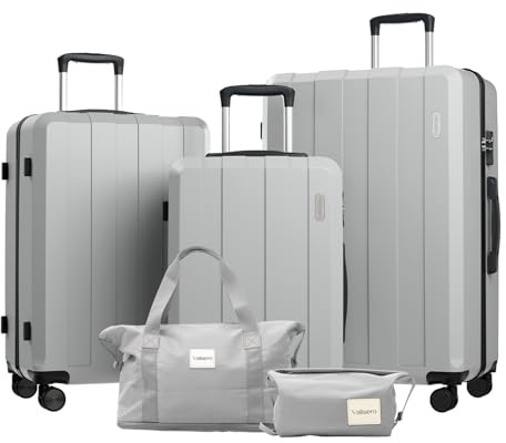Vallsero Koffer Set, Gepäck Set, Trolleys, Reise Koffer 5tlg, ABS, TSA-Schloss, Enthält 1 Reisetasche und 1 Kulturbeutel, 4 Rollen, Aluminium-Teleskopgriff (Darkgrey)