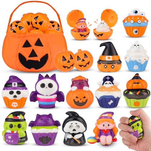 nicknack 24 Stück Halloween Mitgebsel - 12 Squishy Spielzeug + 12 Kürbis-Hüllen als Gastgeschenke für Kinder, Pinata Füllung Kindergeburtstag, Halloween Give Aways für Goodie Bags