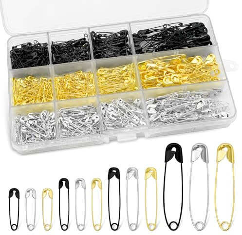 600 Pezzi Spille da Balia in 4 Misure (19/22/28/38 mm), 3 Colori (Oro, Argento, Nero) –Spilla Piccole Camicie Sicurezza Resistenti alla Ruggine con Scatola, per Cucito, Abbigliamento,Artigianato