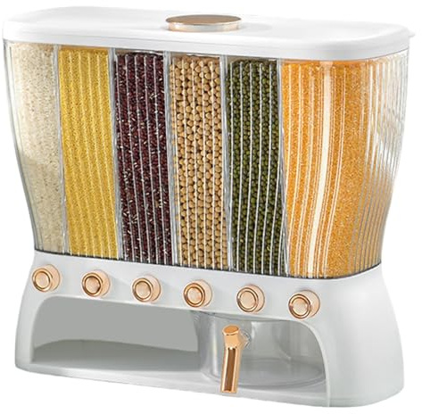 NASSMOSSE Distributeur de céréales, Seau de Riz Transparent à capacité avec Compartiment à 6 et boîte répulsif, Distributeur céréales Sortie en Un clic avec Couvercle et Tasse pour la Cuisine