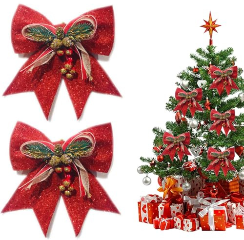 GHPKOTW 2 Pezzi Fiocchi Albero Di Natale, Fiocchi Natalizi Glitterati, Decorazioni Natalizie Fiocchi, Adatto Per Decorare Celebrazioni Familiari, Feste Di Natale, Christmas Glitter Bows