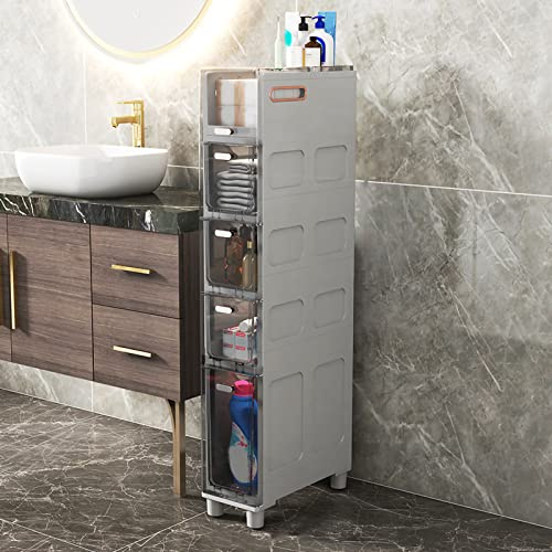 Armadietto da bagno sottile a 5 cassetti con cassetti trasparenti e ruote, alto e stretto, per articoli da toeletta e carta igienica, soluzione salvaspazio per piccoli bagni