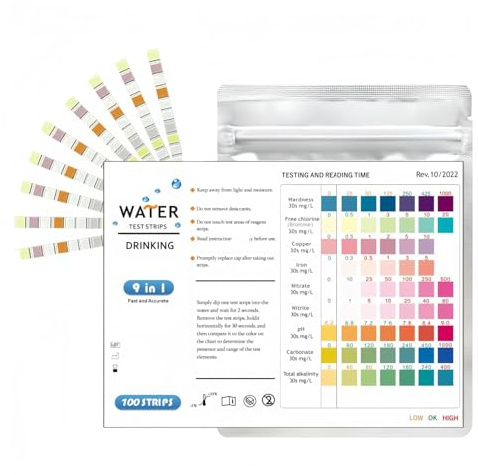 Aquarium Water Test Kit 9 in 1, 100 Strips Water Testing Kit for Aquariums, Easy Test for Nitrite Nitrate pH GH KH Chlorine Copper Iron with Tube and Thermometer