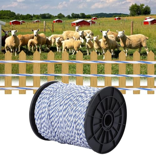 APACALI 1 Roll 500m Electric Fence Wire, 6 Strands Stainless Steel Wire Reel Nylon Electric Fence Rope, Braided Blue White Electric Fence Polywire for Livestock and Farm Fencing
