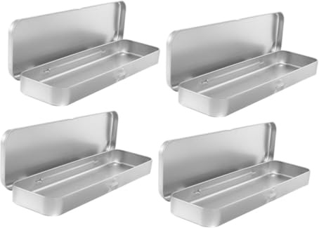 Tofficu 4pcs Portable Tinplate Pencil Holder Box with Hinged Lid Multi-Functional Stationery Organizer for Students Compact Pen Case for Desk and Bag Silver Storage Boxes