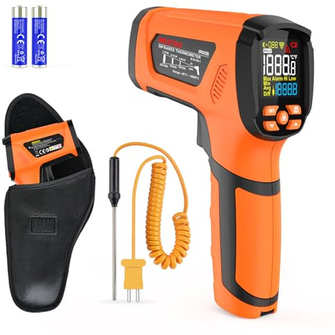 Thermomètre Infrarouge MESTEK Pistolet Temperature Laser Pyrometer Sans Contact LCD -40°C~2000°C avec LCD Couleur pour Cuisine l'industrie HVAC Forge Furnace Metal Smelting, Émissivité Réglable