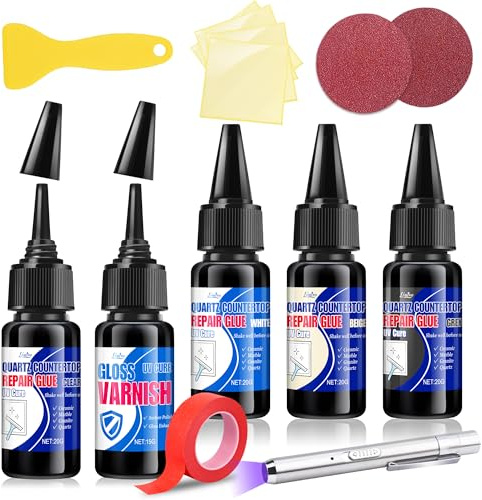 Kit Riparazione Piastrelle - 4 in 1 (Trasparente, Bianco, Grigio, Beige) - Riparazione a Indurimento UV Rapido per Quarzo, Marmo, Granito, Acrilico, Fibra di Vetro, Porcellana