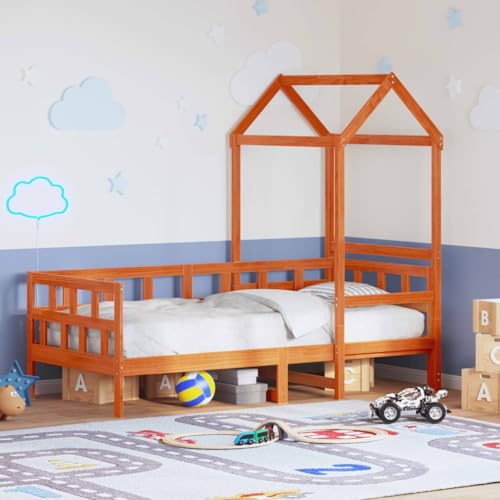 Mandloder Tagesbett mit Dach, Wachsbraun 90x200 cm, Massivholz Kiefer, vielseitiges Schlafsofa mit Lattenrost, für Kinderzimmer und Gästezimmer