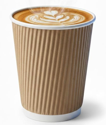 Ask Packaging 100 x Kraft 12oz Ripple Paper Cups - Strong 3-PLY Disposable Cups - Leak-Proof, Recyclable Design, Insulated Coffee Cup for Hot Drinks, Tea, and Beverages