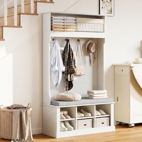 Aptliton Coat Rack with Shoe Storage, Hallway Storage Unit with Top Shelf, 4 Hooks, Cushioned Shoe Bench, and Open Cubbies, Freestanding Hall Tree for Hallway, Entryway, White, 100 x 40 x 170 cm