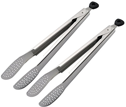 Sunwinc Küchen-Zange, 2 Stück, Premium Edelstahl Kochzange mit Silikonspitzen und Verschluss-Clip Design für Salat, Grillen, Essen Servieren und mehr silber