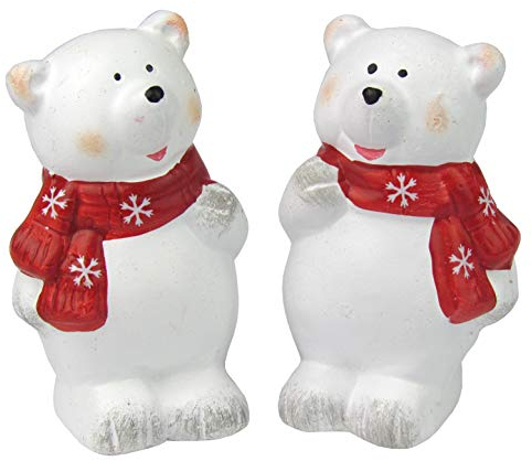 Unbekannt Weihnachtsfiguren - Weihnachtsdeko - 2er Set Dekofiguren aus Keramik, Handbemalt (Eisbär mit rotem Schal)