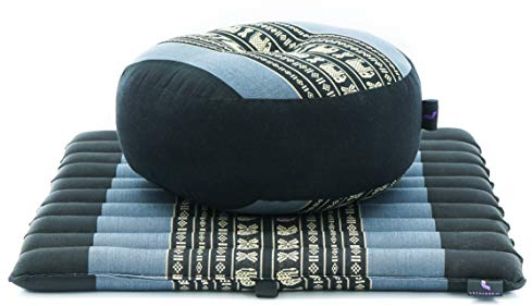 LEEWADEE Meditation Cushion Set Mini – 1 Small Zafu Yoga Pillow and 1 Small Roll-Up Zabuton Mat Filled with Eco-Friendly Kapok, blue