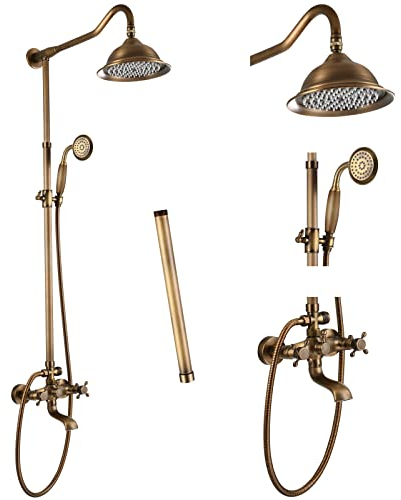 Aolemi Antique Brass Shower Faucet Set with Hand Sprayer and Tub Spout 12 Inch Extension Tube Included Bathroom 8 Inch Rain Shower Head System Wall Mount 3 Functions Double Cross Handle