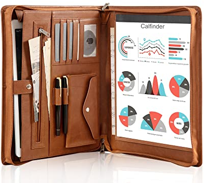 Leder-Portfolio, Calfinder, Portfolio-Binder für Herren, veganes Leder, Portfolio-Ordner mit Griff, Laptop-Tragetasche für iPad/MacBook (bis zu 13.3 Zoll), Notizblock, braun, nicht personalisiert