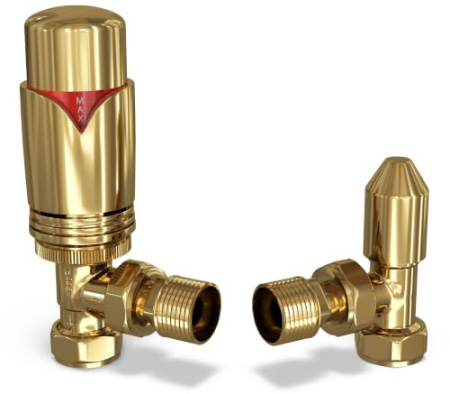 UK Radiators Thermostatic Radiator Valve 1/2 x 15mm - Derry Bold TRV | Polished Brass Finish - Solid Brass 1/2 x 15mm Angled - Lockshield Included, Easy Installation