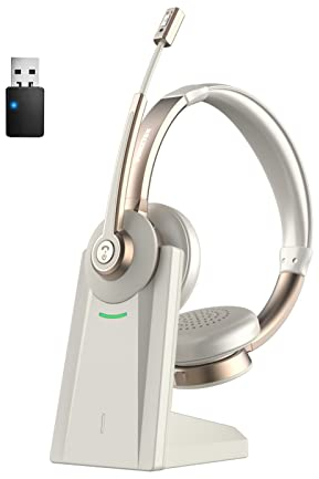 Vonztek QCC V5.1 Casque sans fil Bluetooth avec microphone, suppression du bruit CVC et silencieux/station de chargement/dongle USB, 26 heures mains libres pour téléphones cellulaires/équipes MS/Zoom