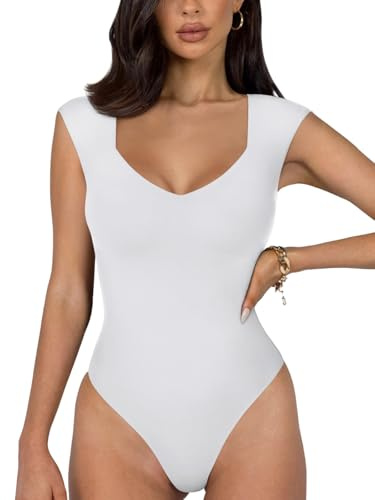 REORIA Damen sexy lässiger doppelt gefütterter ärmelloser Schlankheits Body mit V-Ausschnitt Shapewear Formende Bodys