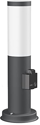 ledscom.de Pollerleuchte PORU mit Steckdose für außen, anthrazit, rund, 38,5cm, inkl. E27 Lampe, max. 963lm, warmweiß