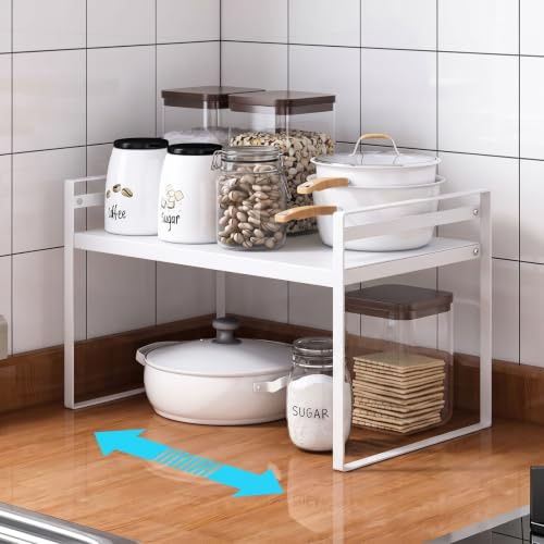 Sayudar Kitchen Cupboard Shelf Organiser Extendable Cabinet Storage Shelf Stand Spice Rack Multi-Function Space Saver Plate Organiser for Kitchen Countertop, Pantry, Cabinet, Fridge(White)