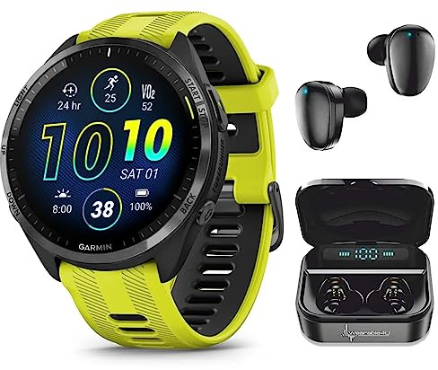 Wearable4U - Garmin Forerunner 965 Premium GPS Running and Triathlon 47 mm Smartwatch with AMOLED Touchscreen Display, Carbon Gray DLC Titanium Bezel and Yellow Silicone Band + Black Earbuds Bundle