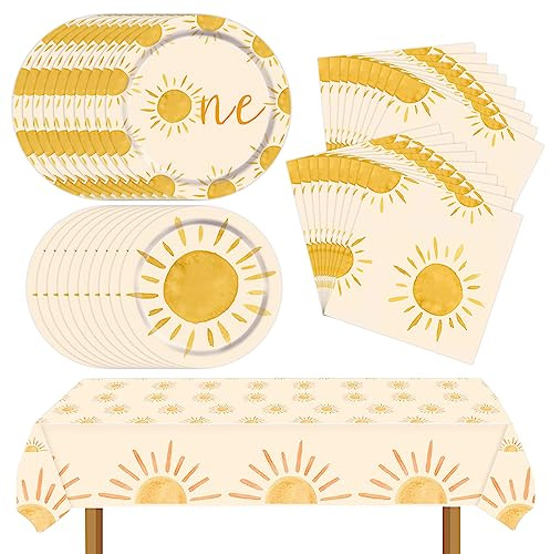 Boho Sun Party Supplies - Set da tavola con piatti di carta per compleanno, tovaglioli, tovaglia per il primo sole, decorazioni per feste di compleanno, 20 pezzi