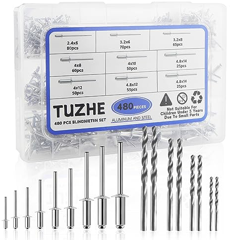 TUZHE 480tlg Blindnieten Set Alu/Stahl Nieten Sortiment in den Größen 2,4mm, 3,2mm, 4,0mm und 4,8mm popnieten Sortiment mit 8 HSS Bohrern zum Verbinden Dünnen Werkstoffen für Nieten Maschinen
