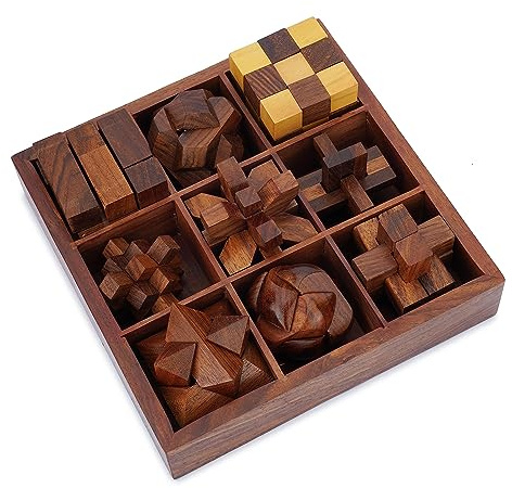 Ajuny Holzpuzzle Spiele Boxset – Herausfordernde Gehirntrainer 3D-Puzzles für Jugendliche und Erwachsene mit Dekorativer Aufbewahrungsbox für IQ-Tests Handgefertigte Spielgeschenke
