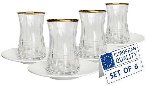 Biandeco Tazas de té turco y platillos de porcelana con borde dorado, 8 piezas, vasos tradicionales cortados a mano, juego auténtico perfecto para fiesta de té árabe, persa marroquí (juego de 4), 5