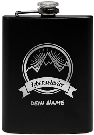 Flachmann mit Gravur aus Edelstahl selbst gestalten - Lebenselexier - mit Name gravieren - Geschenk Wandern Skifahren - Praktische Taschengröße | Schwarz, 226 ml