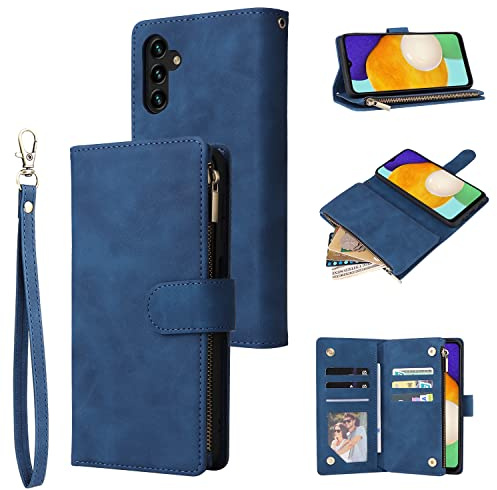 QLTYPRI Case for Samsung Galaxy A15 4G/5G, Large Capacity Leather Wallet Case 6 Card Holder & 1 Zipper Pocket Kickstand Wrist Strap Magnetic Protective Cover for Galaxy A15 5G / A15 4G - Blue
