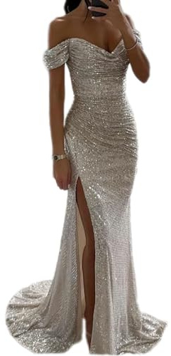 Tomwell Damen Pailletten Abendkleid Sexy Schulterfrei Hohe Taille Seitenschlitz Lang Kleid Maxikleid Elegant V-Ausschnitt Cocktailkleid Ballkleider A Silber XS