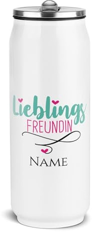 Print Royal PR Edelstahl-Trinkflasche personalisiert mit Name - Lieblingsfreundin - Cola-Dosen-Optik, Geschenk Freundin | Doppelwandig, Klappbares Mundstück mit Trinkhalm, Weiß, ca. 420 ml