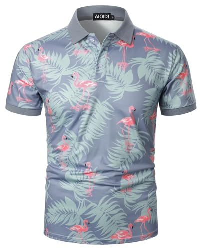 AIOIDI Hawaiianska kortärmade pikétröjor för män klassiskt tryckt golf vardaglig mjuk t-shirt sommarsemester strandtoppar, Blå flamingos 1, L