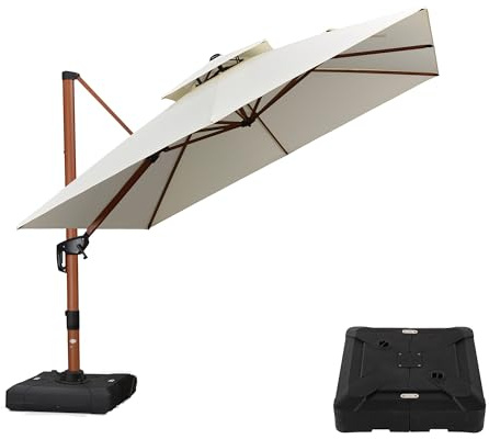 PURPLE LEAF Parasol Déporté 3 x 3 m Carré avec pieds, Aspect du Teck en Aluminium, Parasol de Jardin Extérieur à Toit Double Rotatif 360°, Pour Terrasses, Piscines, Restaurants, Crème