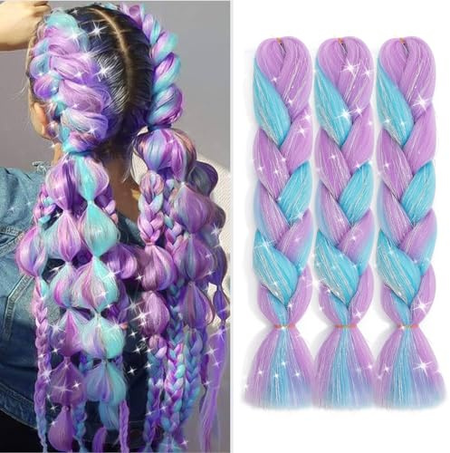 TESS Braids Extensions, Jumbo Braids Kunsthaar Zum Einflechten, Box Braid Haarverlängerung Zopf Haar Braiding Hair Haarsträhnen 100g/Bündel 60 cm (1 Stück) Glitzer+Helllila/Blau