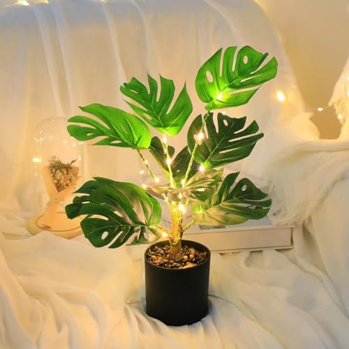 LED Decorative Table Lamp Novelty Artificial Plants Bonsai Glow Cute Night Light for Bedroom Office Living Room,USB Powered Glitterring Bedside Lamps for Friends (Monstera)