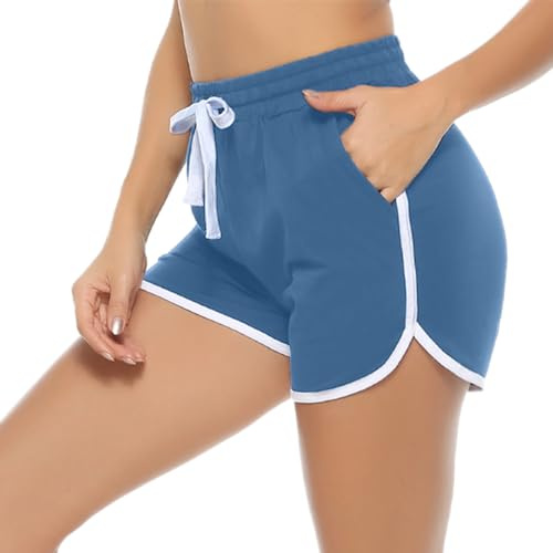 Aseniza Short de Sport Femme Coton Taille Haute - Bas de Survêtement Court pour Course à Pied, Yoga, Jogging, Fitness, Running - Bordure Blanche