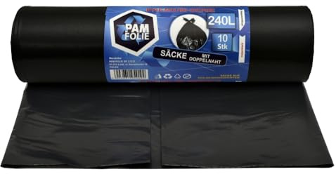 PAM-FOLIE Müllsäcke 240L - 10 Stück - XXL, Dicke, Große Abfallsäcke, Premium - 120x130cm - 45µm - schwarzer Müllbeutel - Säcke für Bauschutt Abfalls - Ideale Säcke für 240-Liter-Behälter