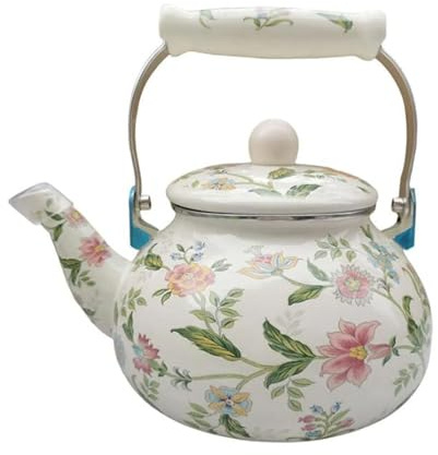 RSBFER Bollitore da tè Vintage smaltato da 2,6 Litri, Piano Cottura in Porcellana Smaltata Colorata Floreale con Manico in Porcellana per l'arredamento della Cucina Domestica