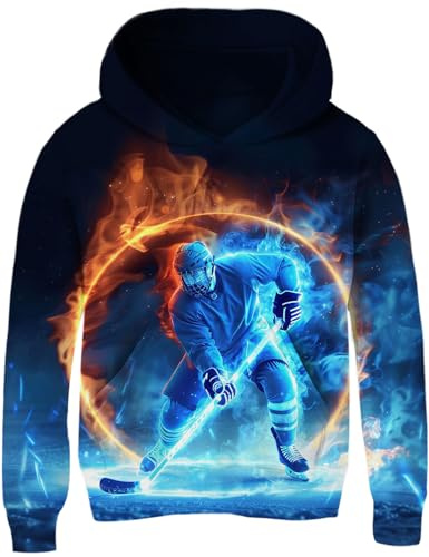 Funnycokid Boys Hoodies Size 14-16 Neon Ice Hockey Kids Sweatshirts Youth Girls Clothes Teen Warm Fleece Hooded with Pocket Cool Graphic Printed